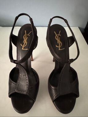 Yves Saint Laurent Dark Brown Leather Open-Toe Slingback Heels